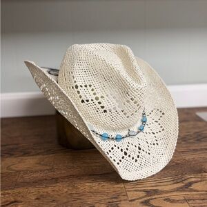 Saddleback Shapeable White Straw Cowboy Hat with Turquoise Bead Trim